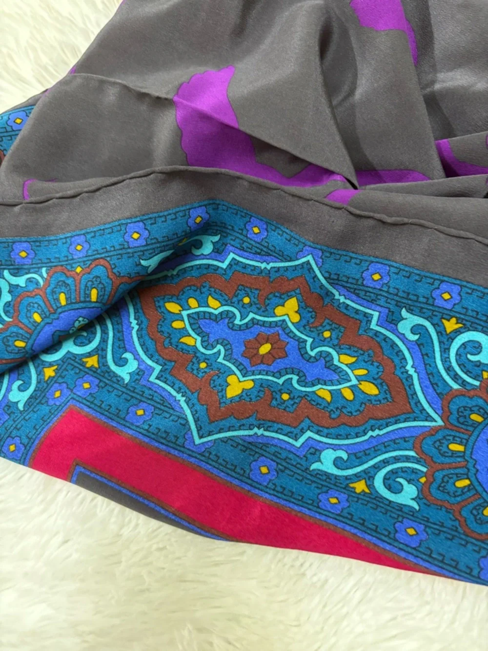 Mantero Multicolor Silk-Feel Square Scarf — Teal, Purple & Red Accents